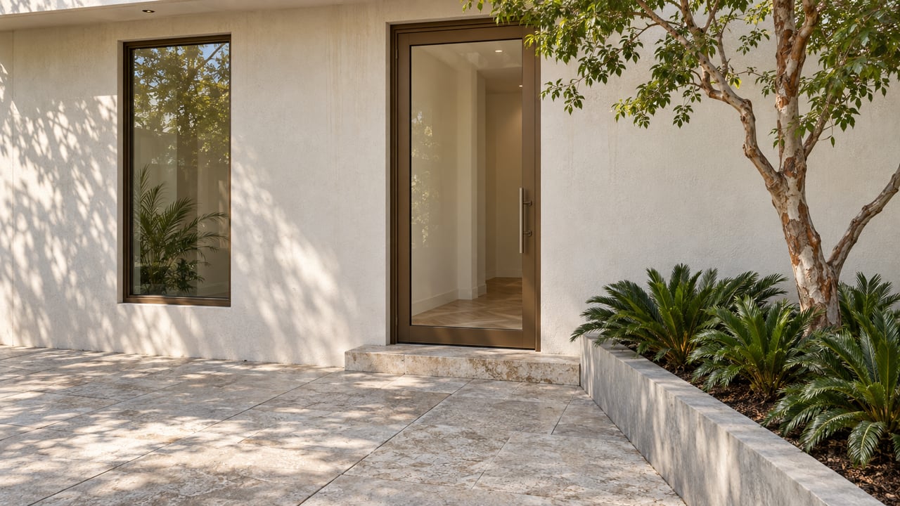 Bronze-framed glass door in an ivory stucco facade, with shellstone paving and a raised bed of tropical plants.