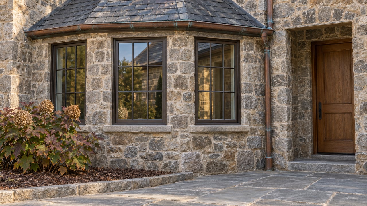 Stone residence with tall bronze-framed windows, a slate-roofed bay, and a recessed oak entry beside autumn oakleaf hydrangea.