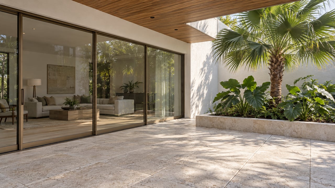 Pale limestone villa terrace beside a glass-walled living room, with a palm and broad-leaf plants in a courtyard.