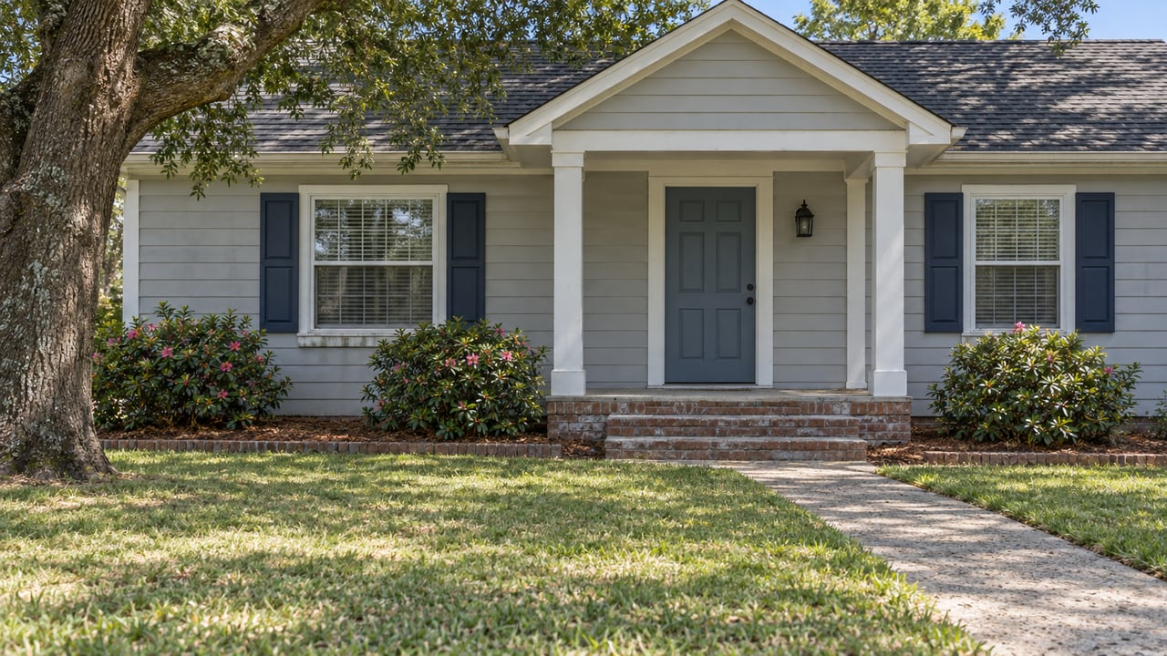 Pale-gray cottage with a blue front door, white porch posts, brick steps and an open lawn beneath a mature oak.