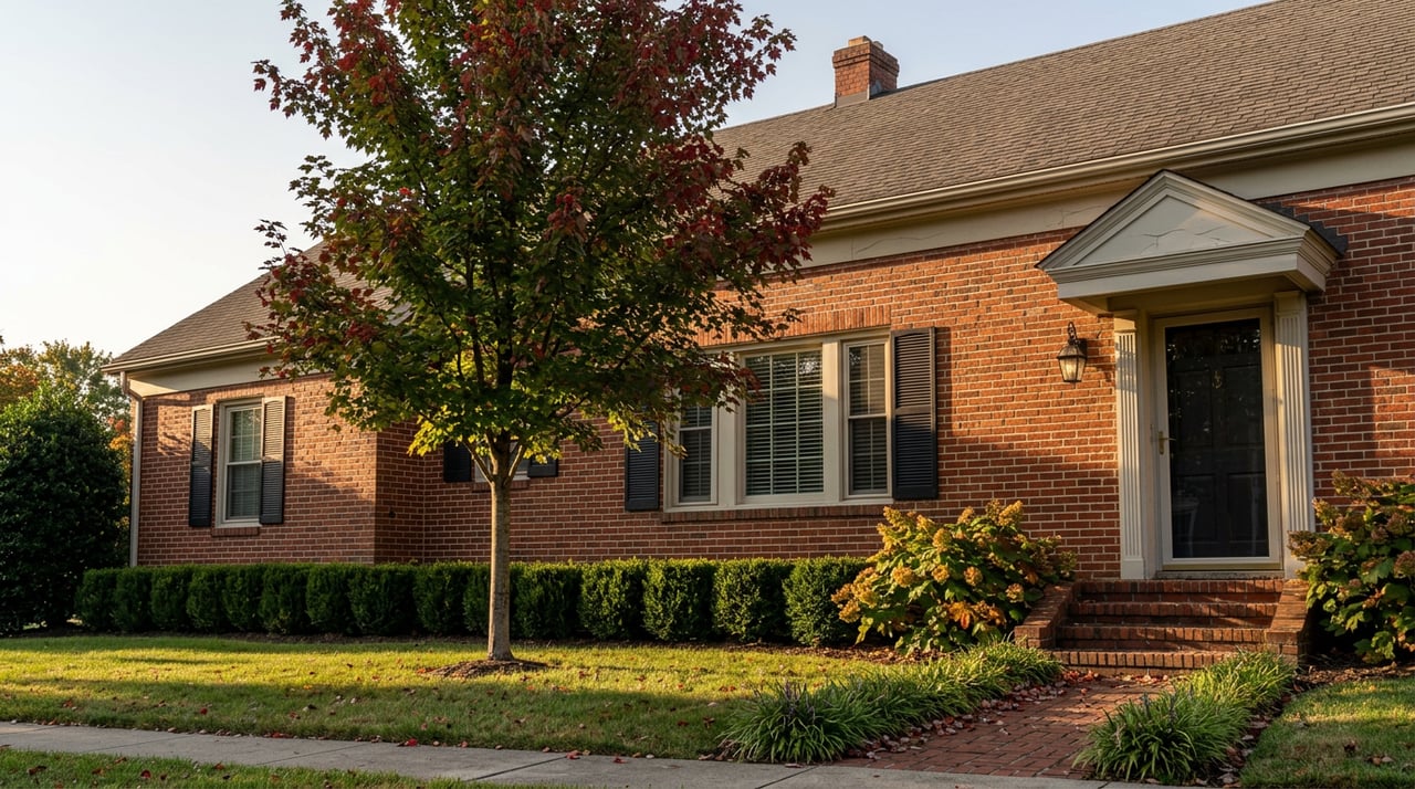 Two-story brick home with a covered stoop, chimney, and maple tree turning red at the leaf edges.