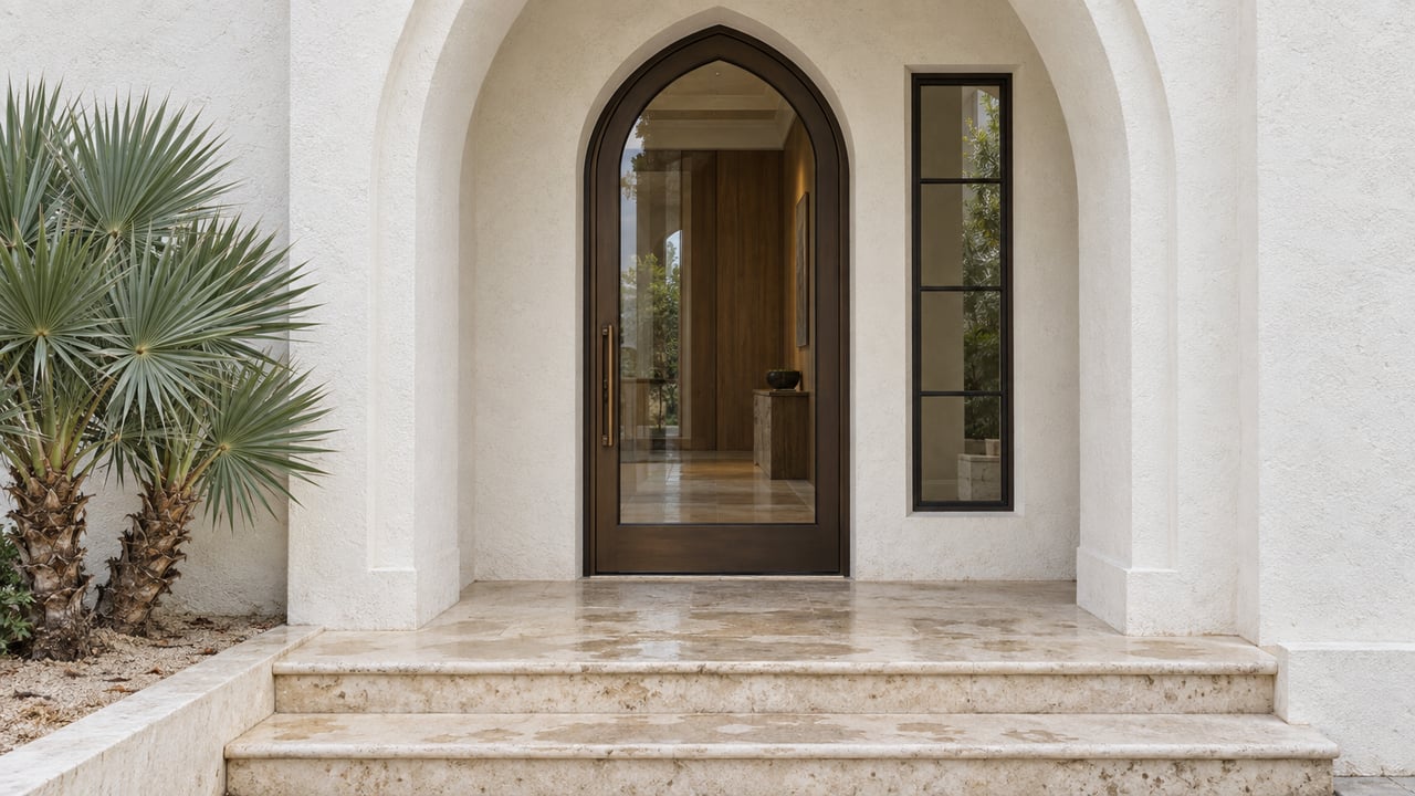 White stucco pointed-arch entry with a closed bronze-framed glass door, limestone steps, and a silver-green saw palmetto.