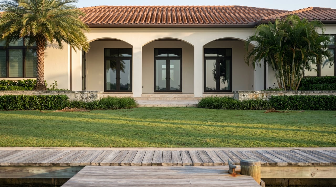 Home with arched loggia, palms, and lawn beyond a weathered wooden dock.