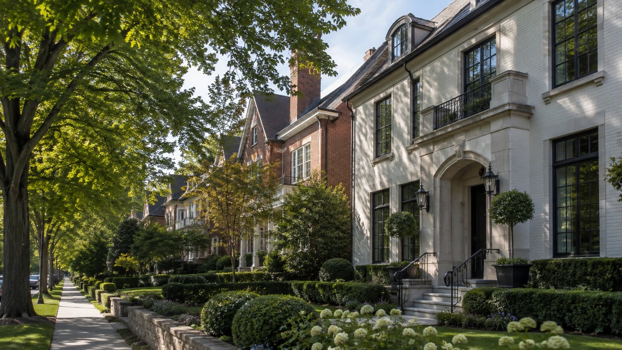Luxury homes along a tree-lined street in Green Hills, Nashville, featuring elegant architecture, mature landscaping, and the upscale residential character of the neighborhood.