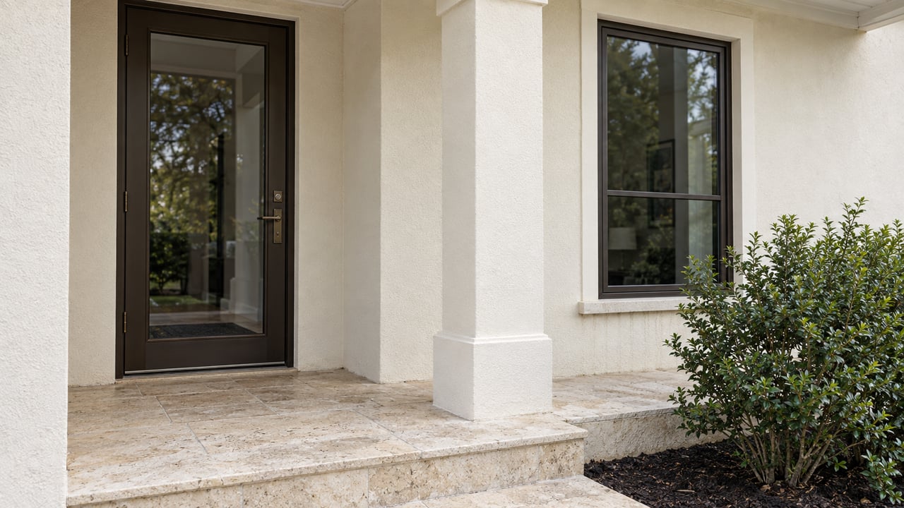 Coastal house entry with a dark glazed door, tall window, limestone step, and pruned holly.