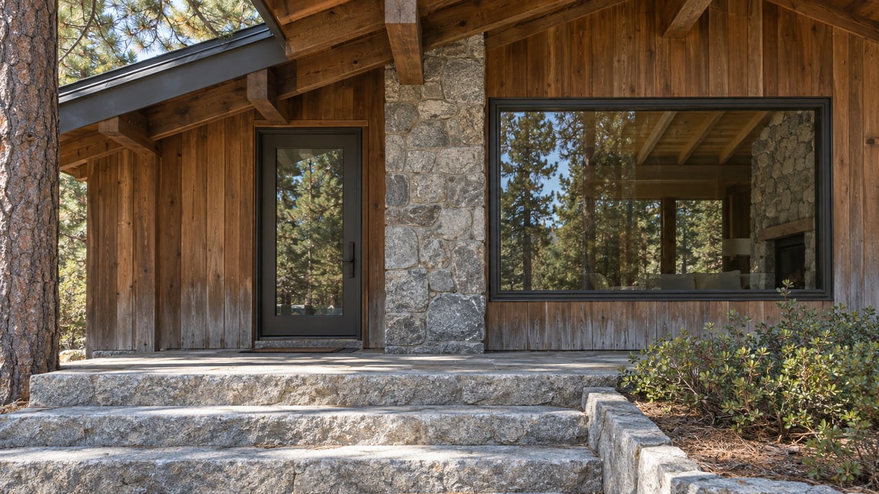 Weathered cedar home entry with granite steps, exposed roof timbers, a broad picture window, and carefully placed woodland planting.