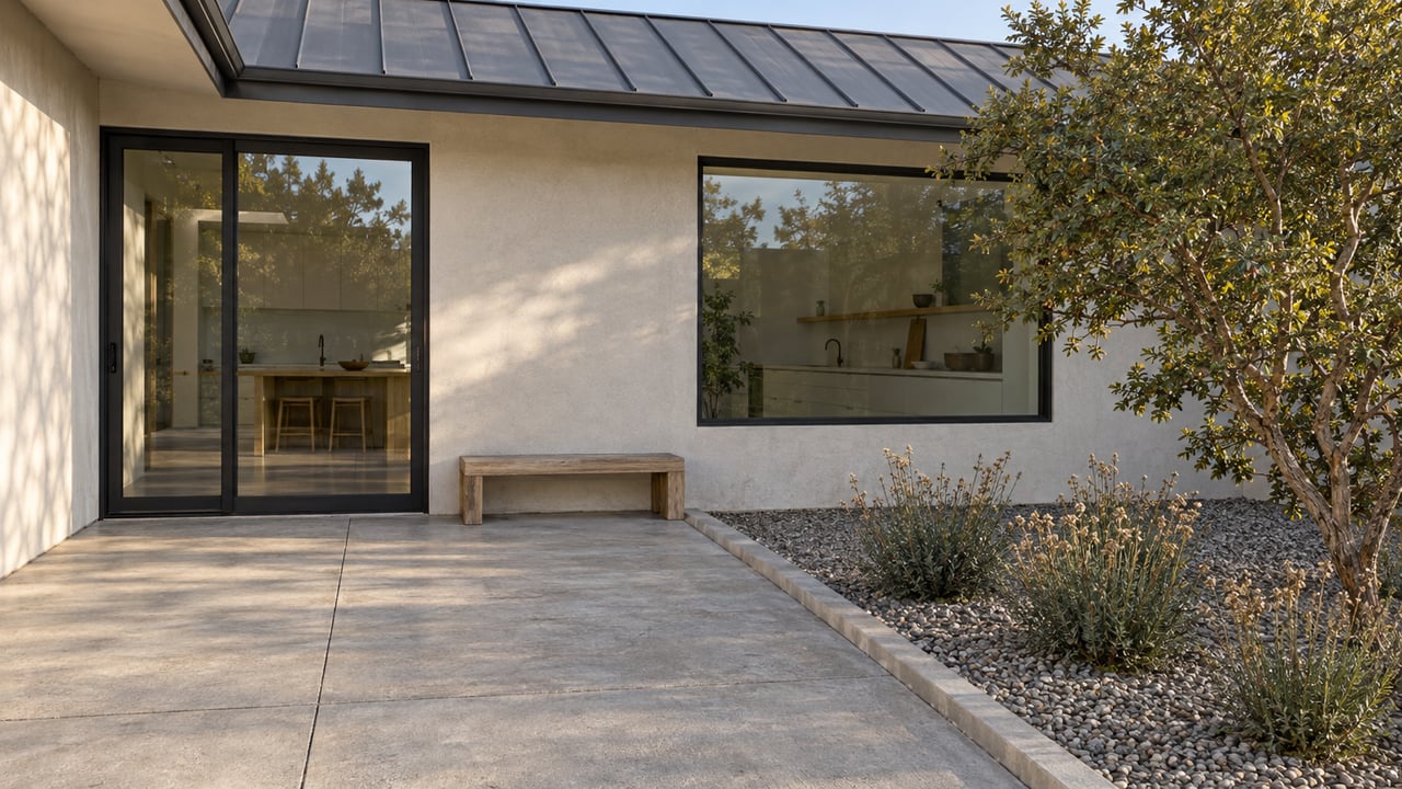 Sunlit stucco courtyard with black-framed glazing, a wood bench, and a sculptural tree in a gravel planting bed.