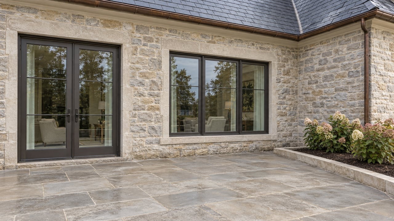 Buff-gray limestone home with bronze-framed glazed doors, a broad stone terrace, and hydrangeas in a raised stone-edged bed.