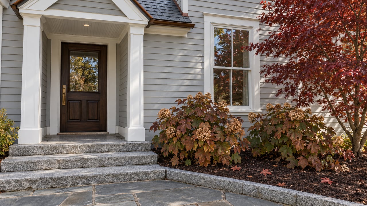 Gray clapboard home with a sheltered oak entry, granite steps, and burgundy Japanese maple beside oakleaf hydrangeas.