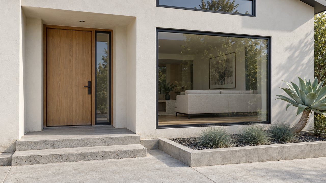 Contemporary residential entry with an oak door, ivory stucco, black-framed windows, concrete steps, and sculptural drought-tolerant planting.