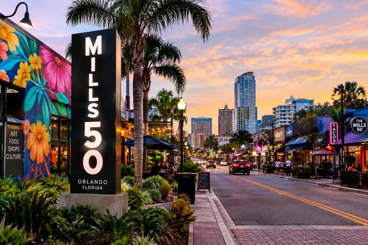 Orlando’s Mills 50 district at sunset, with colorful murals, palm trees, restaurants, and a downtown street.