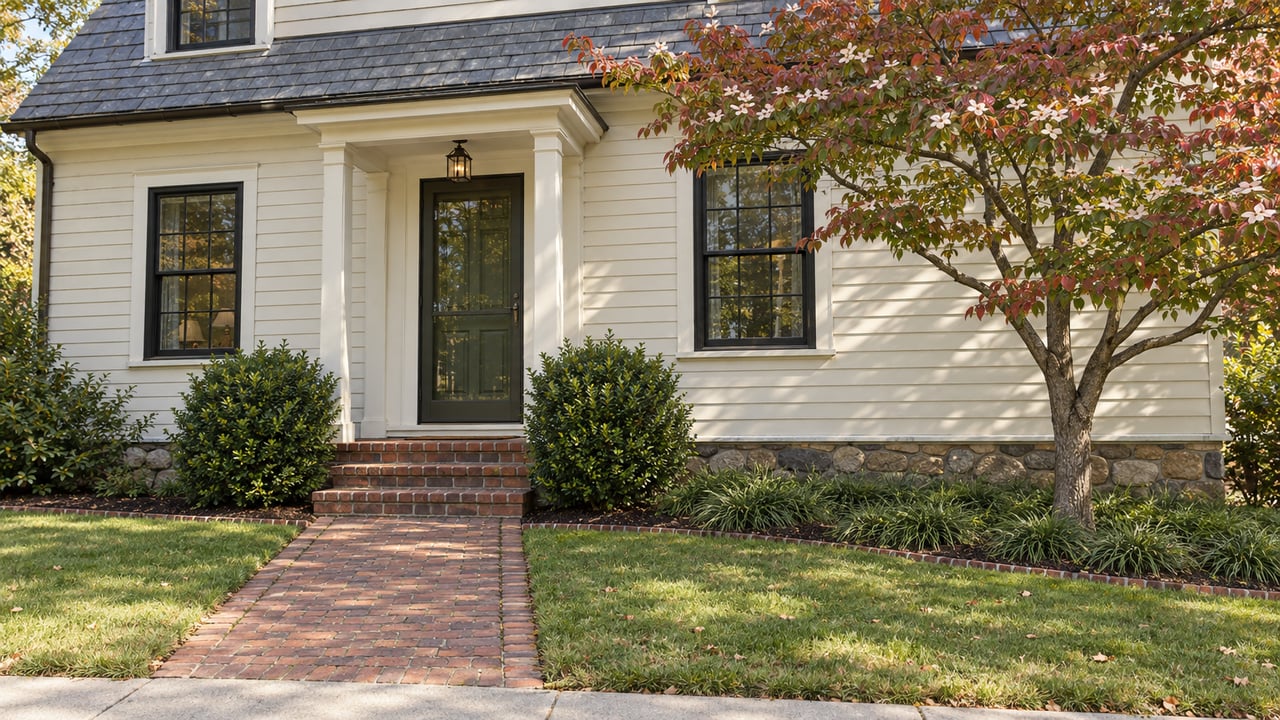 Compact ivory clapboard house with an olive door, brick entry path, and flowering dogwood in a shallow garden.