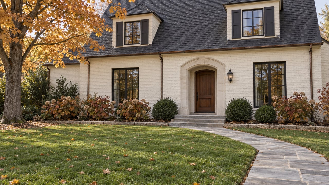 Ivory painted-brick home with a steep charcoal roof, arched stone entry and broad autumn lawn.