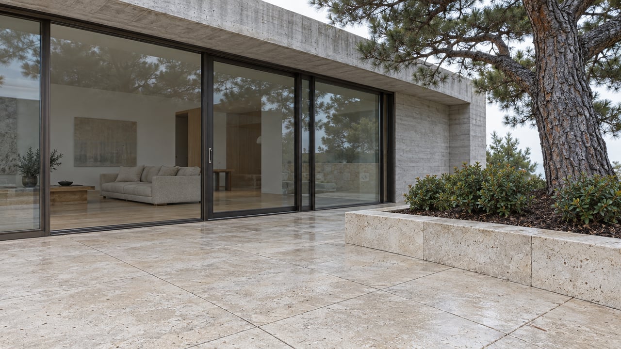 Cool morning light across a limestone terrace beside bronze-framed glass and a raised bed with a mature pine and three manzanita shrubs.