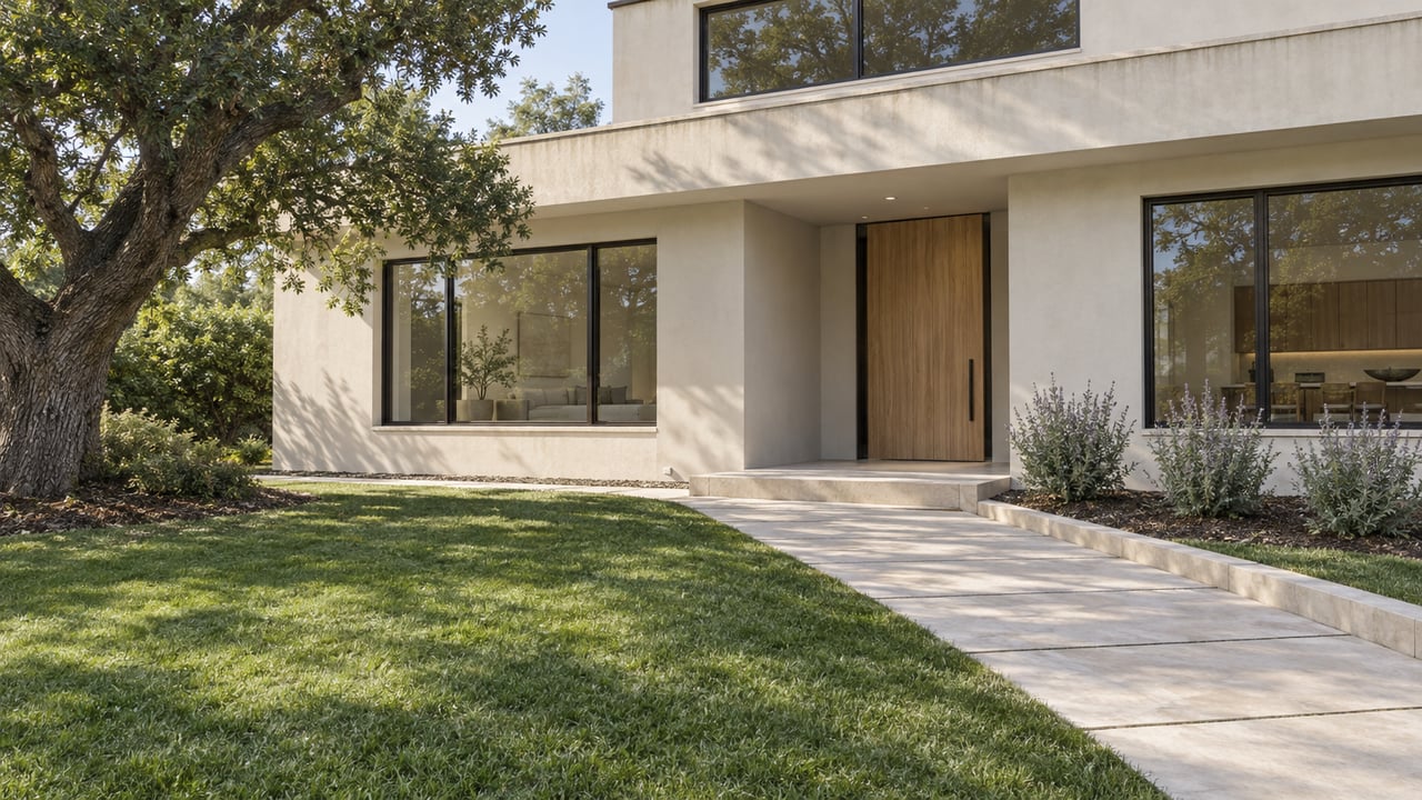 Contemporary two-story home with pale stucco, dark-framed glazing, an oak entrance, and a limestone approach across a deep lawn.
