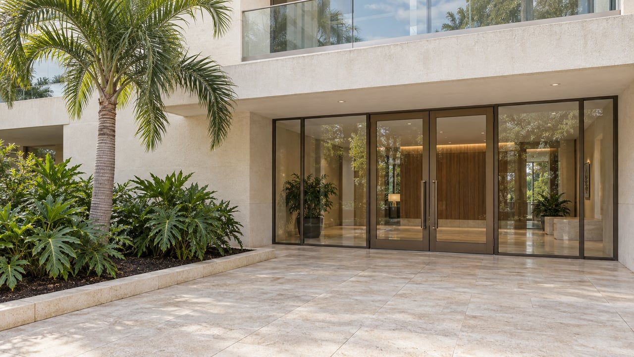 Ivory stucco condominium entrance with bronze-framed glass doors, limestone paving and a sculptural palm in a raised planting bed.