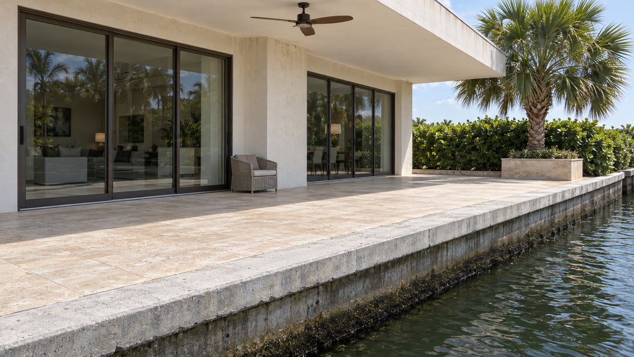 Waterfront home with bronze-framed sliding doors, a shaded limestone terrace, and a concrete seawall beside canal water.