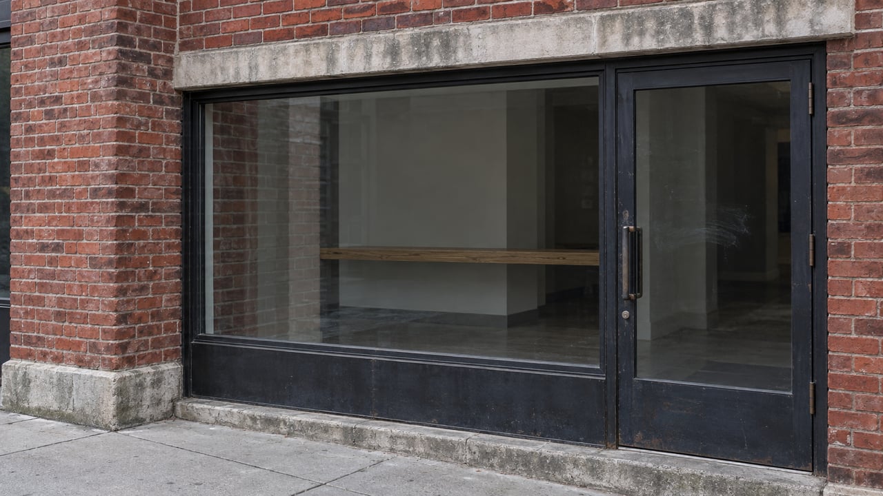 Black steel-framed shopfront with a glazed door, beside a rain-streaked red-brick pier.