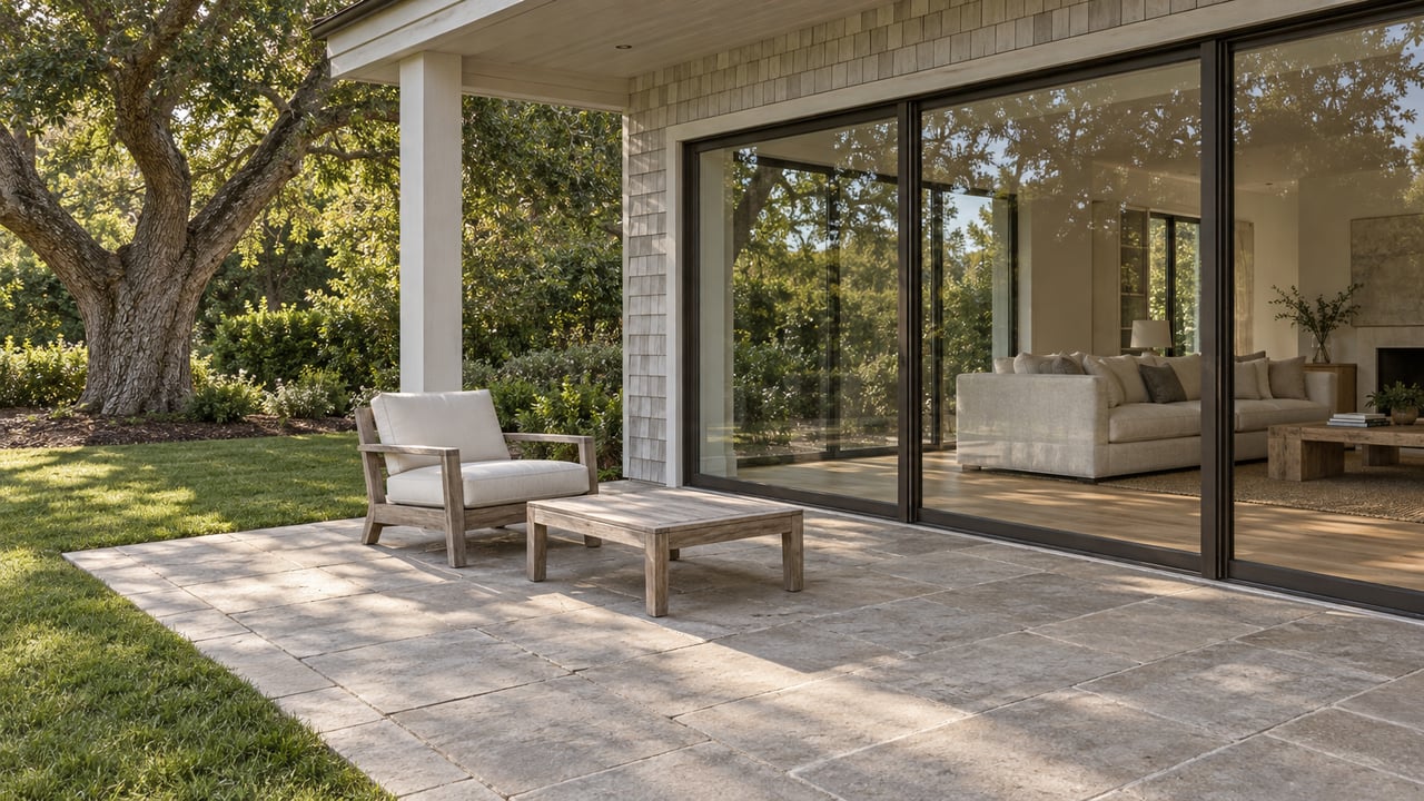 Silvered cedar shingles and bronze-framed glass surround a limestone terrace with a teak lounge chair beside an oak-shaded lawn.