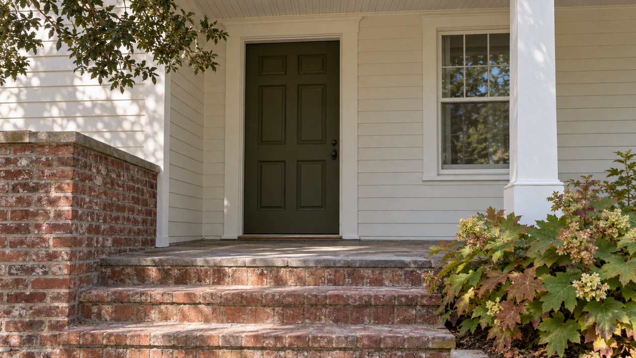 Recessed dark-olive front door framed by white trim, brick steps, and a bronze-leaved oakleaf hydrangea.