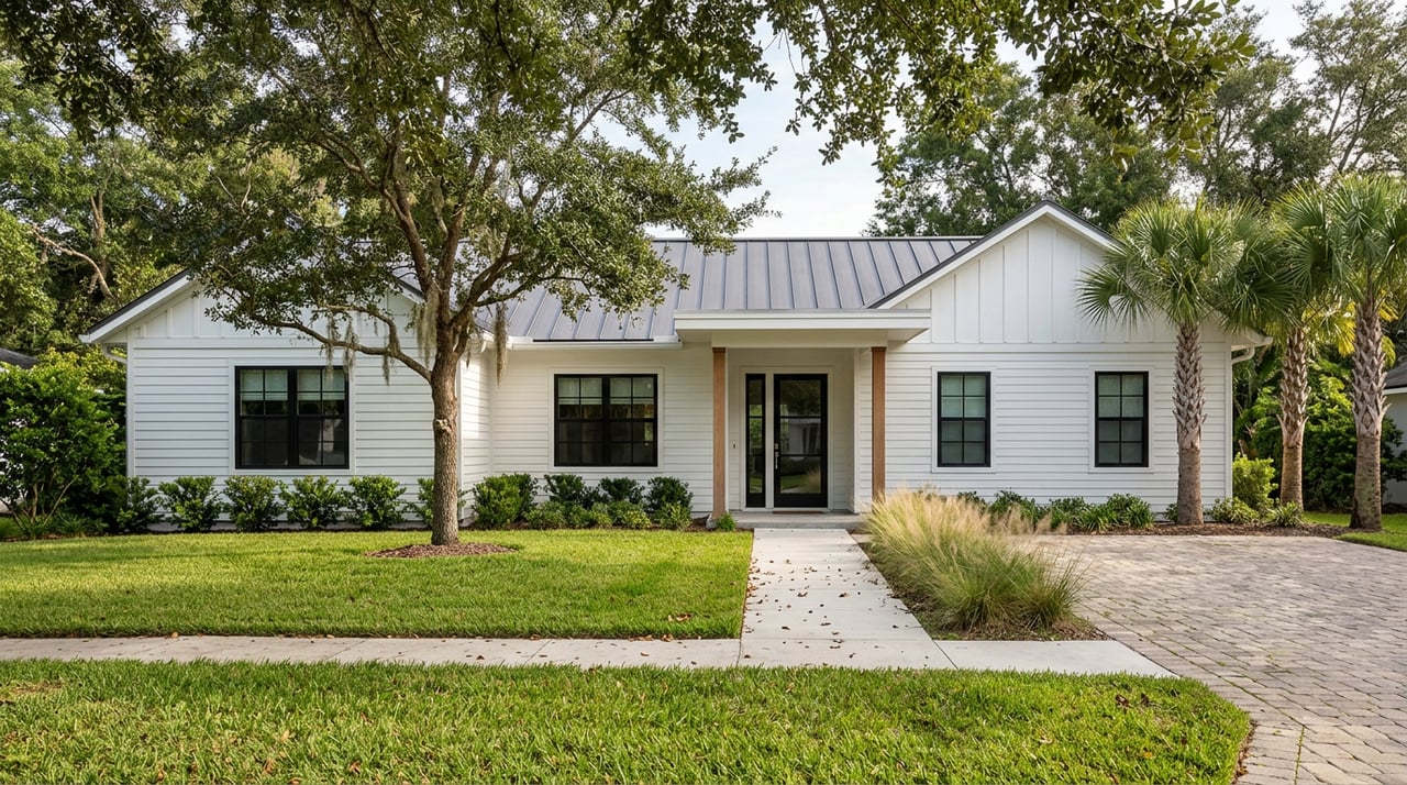 White one-story house with black-framed windows, a broad live oak, palms, front lawn, and paver driveway.