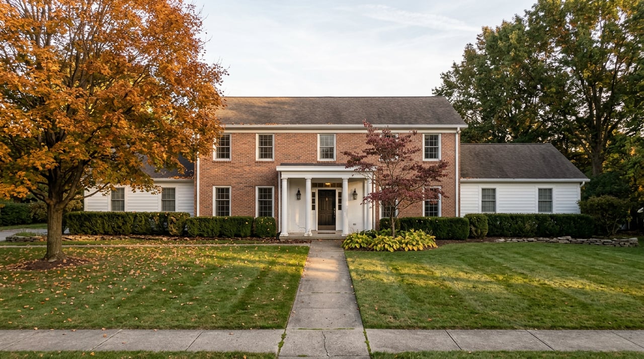 Symmetrical brick house with a white columned portico, deep lawn, curving walkway, and amber maple leaves.
