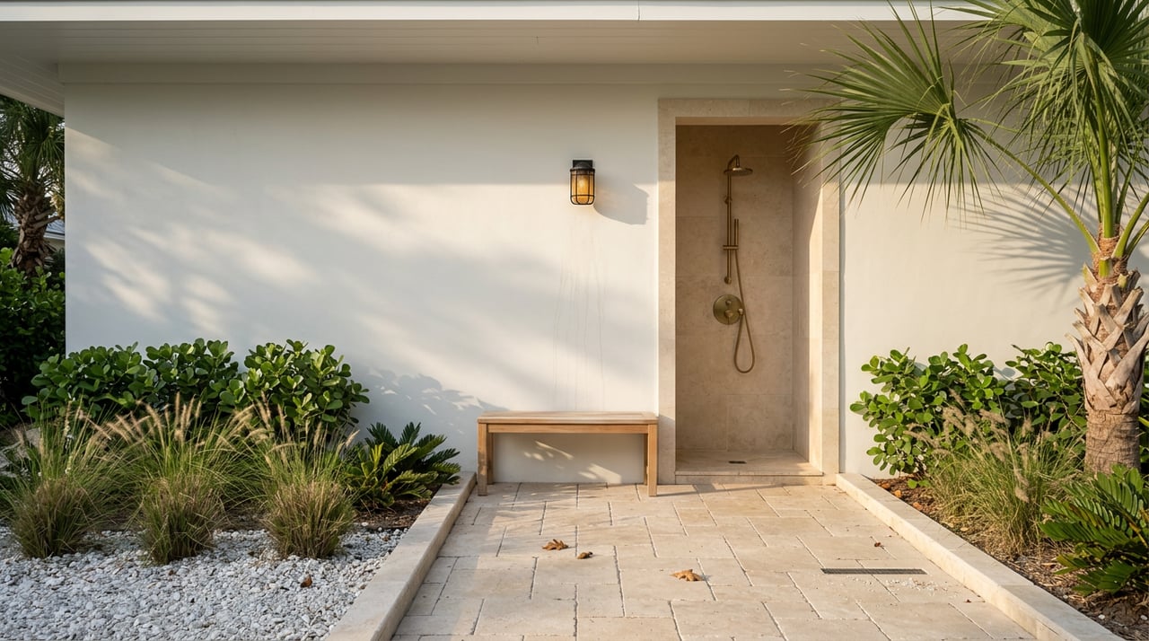Brass shower fixture in a limestone alcove beside a teak bench and dense coastal planting.