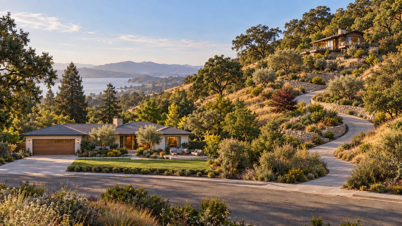 Modern hillside home with a broad driveway, landscaped grounds, and bay and mountains beyond.