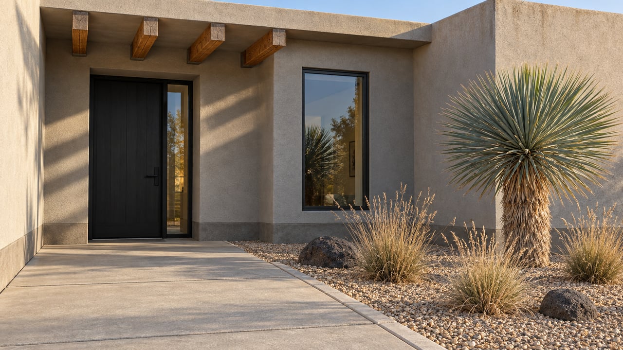 Warm side light on a recessed black entrance, gray stucco walls, cedar canopy and a sculptural yucca beside a gravel approach.