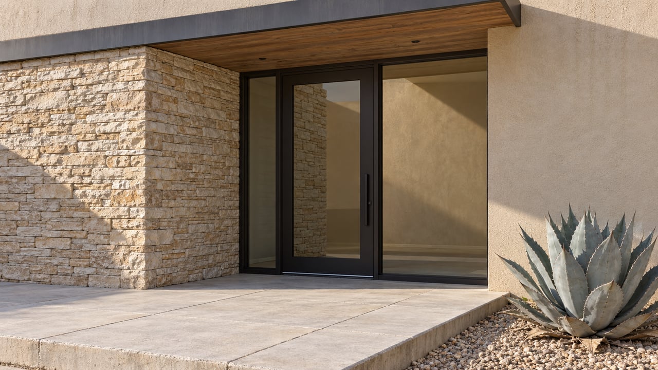 Sunlit stone and sand-colored stucco surround a recessed glass entry, with a cedar soffit, concrete landing and one blue-gray agave.