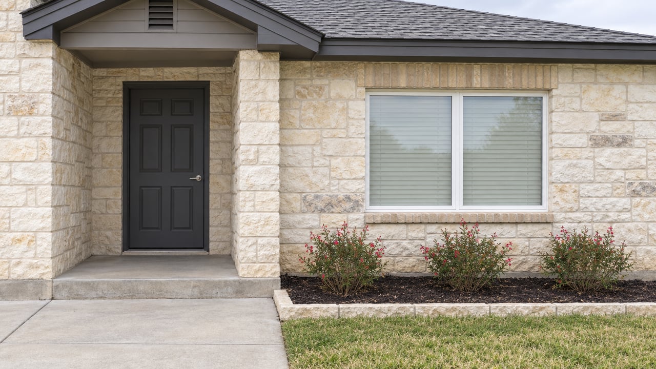 Pale limestone ranch entry with a charcoal door, white-framed window, concrete porch and a small red-flowering salvia bed.