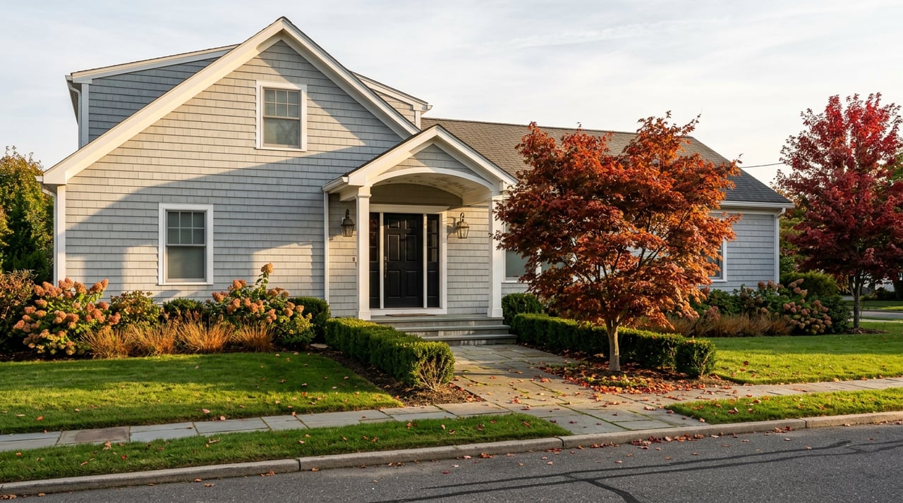 Two-story gray-shingled home with a covered entry, flagstone path, red-orange maple, and broad autumn lawn.