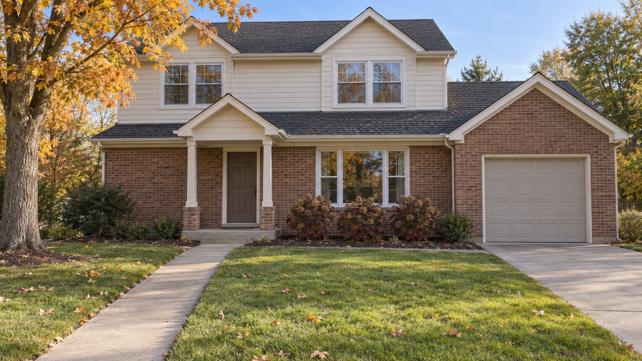 Two-story brick-and-ivory-sided home behind a deep autumn lawn, with an amber sugar maple and a concrete entry walk.