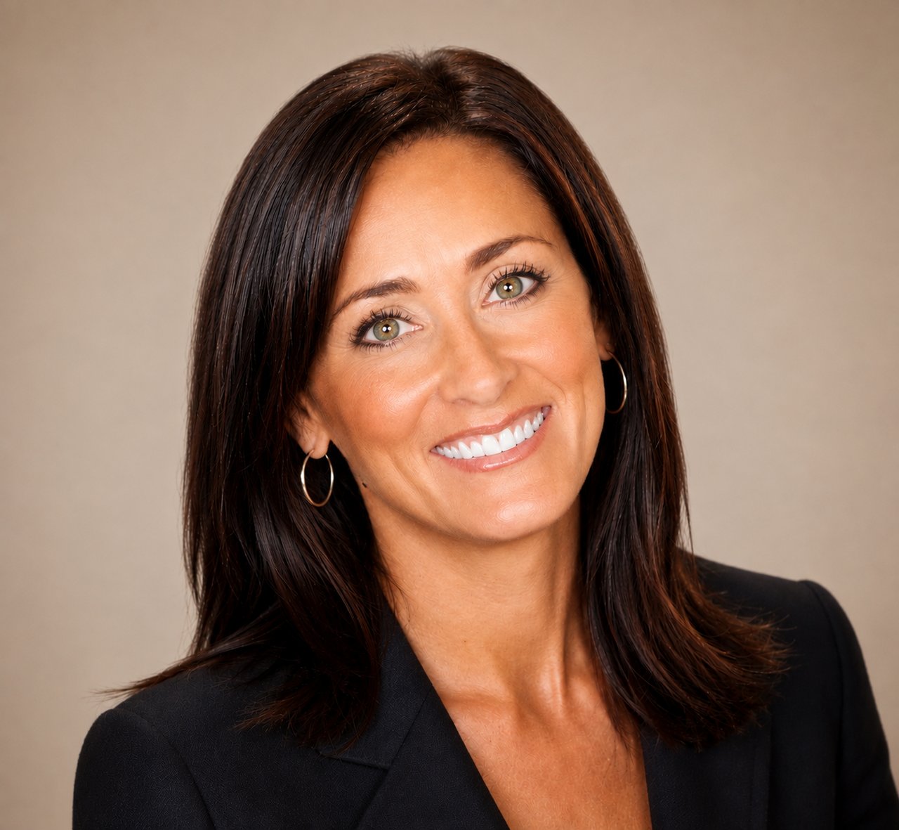 Becky Tewell smiling in a black blazer and hoop earrings.