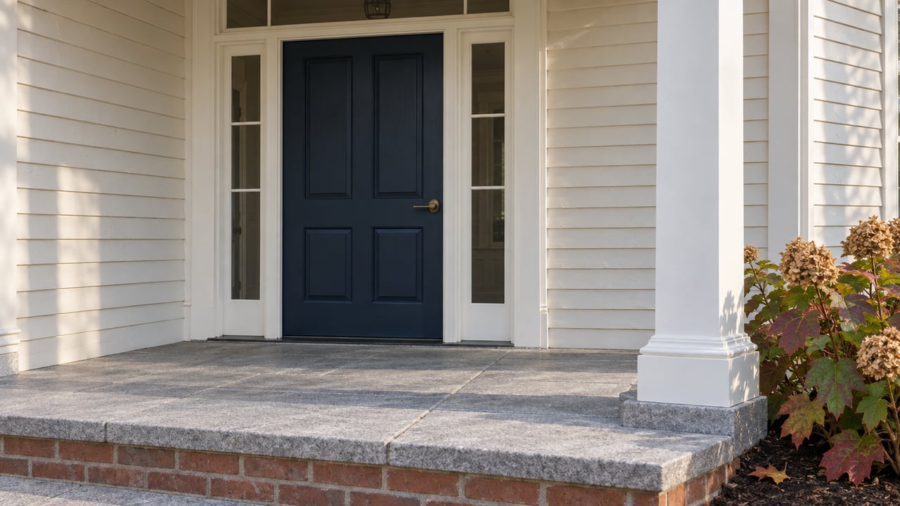 Morning light on a navy front door, white clapboard and granite porch beside an oakleaf hydrangea.