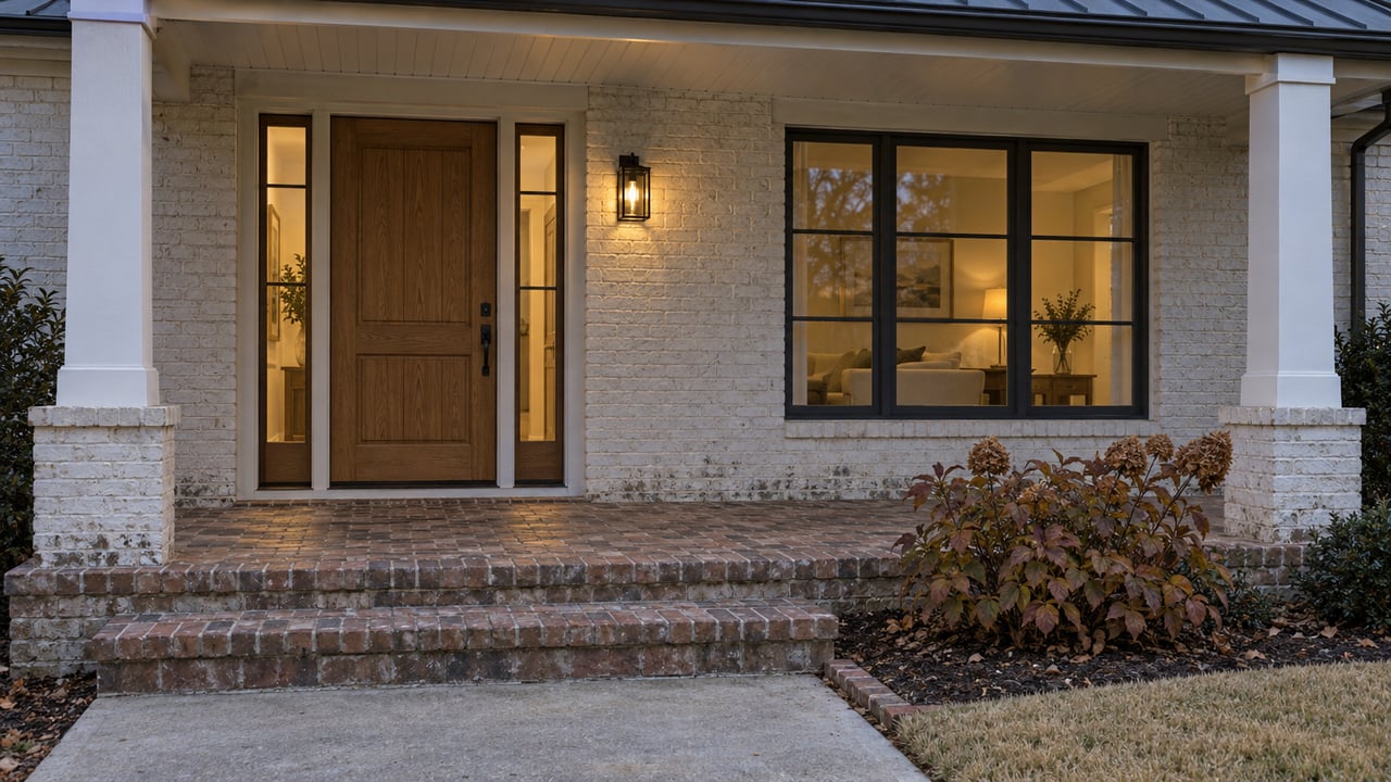 Pale brick home with a covered porch, oak front door, dark-framed window and worn brick steps at dusk.