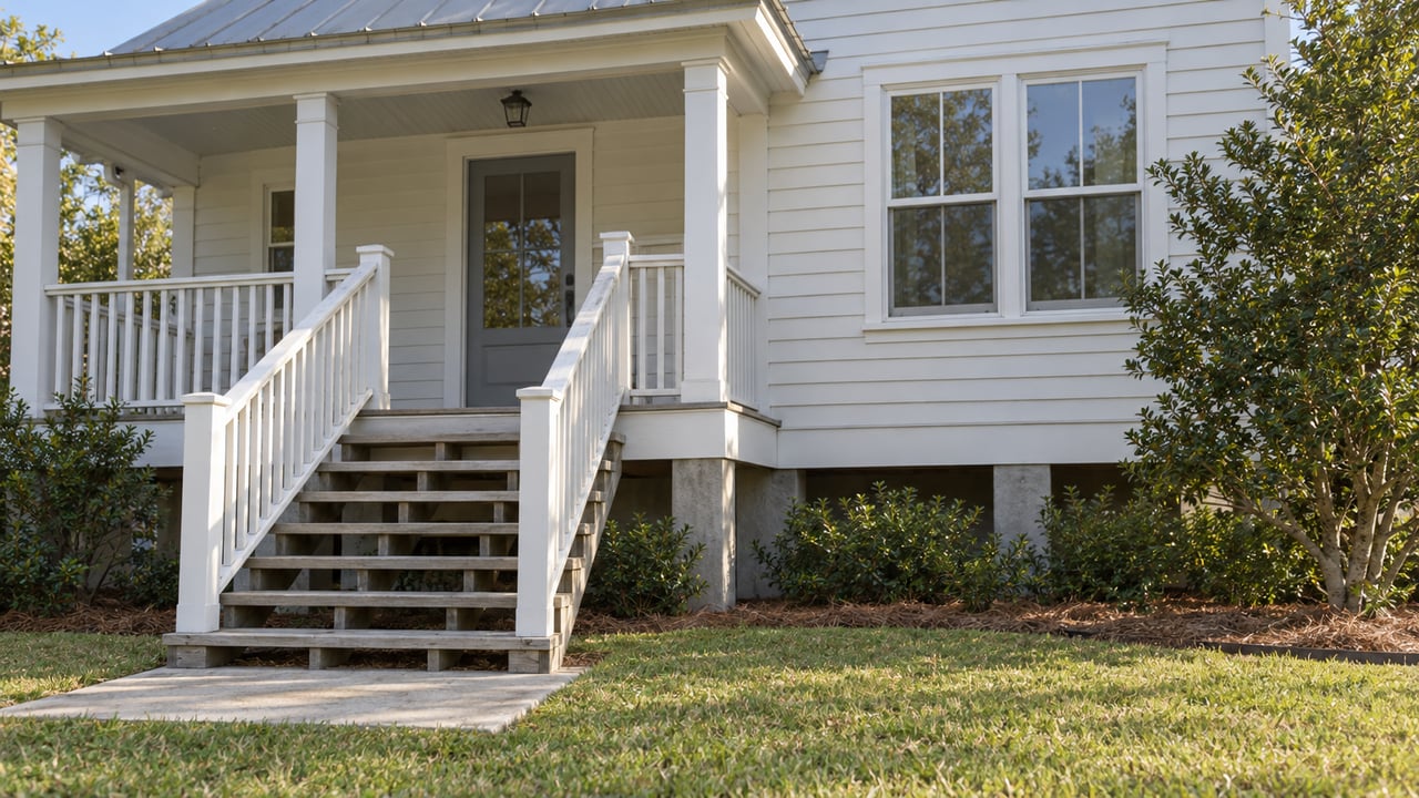 White raised cottage with weathered wooden entry stairs, a covered porch and a yaupon beside the lawn.