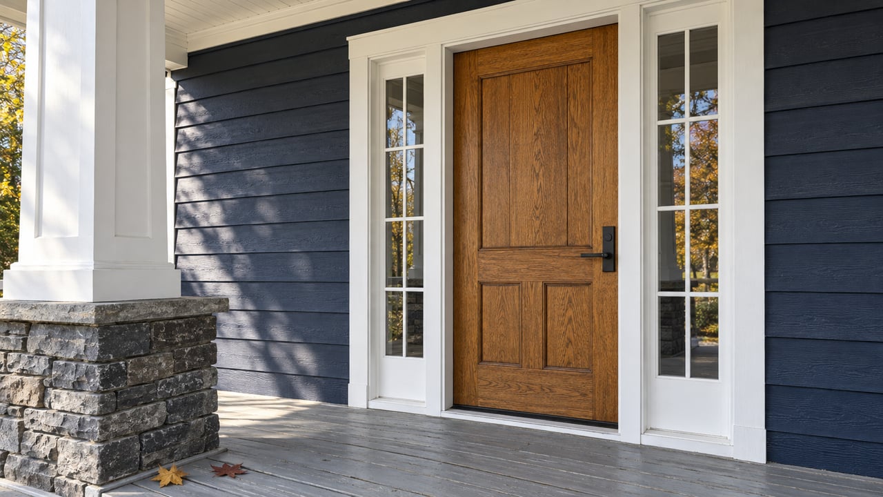 Close view of an oak front door with matching sidelights, navy wood siding, and a white porch column on a charcoal stone base, with two autumn leaves on the decking.