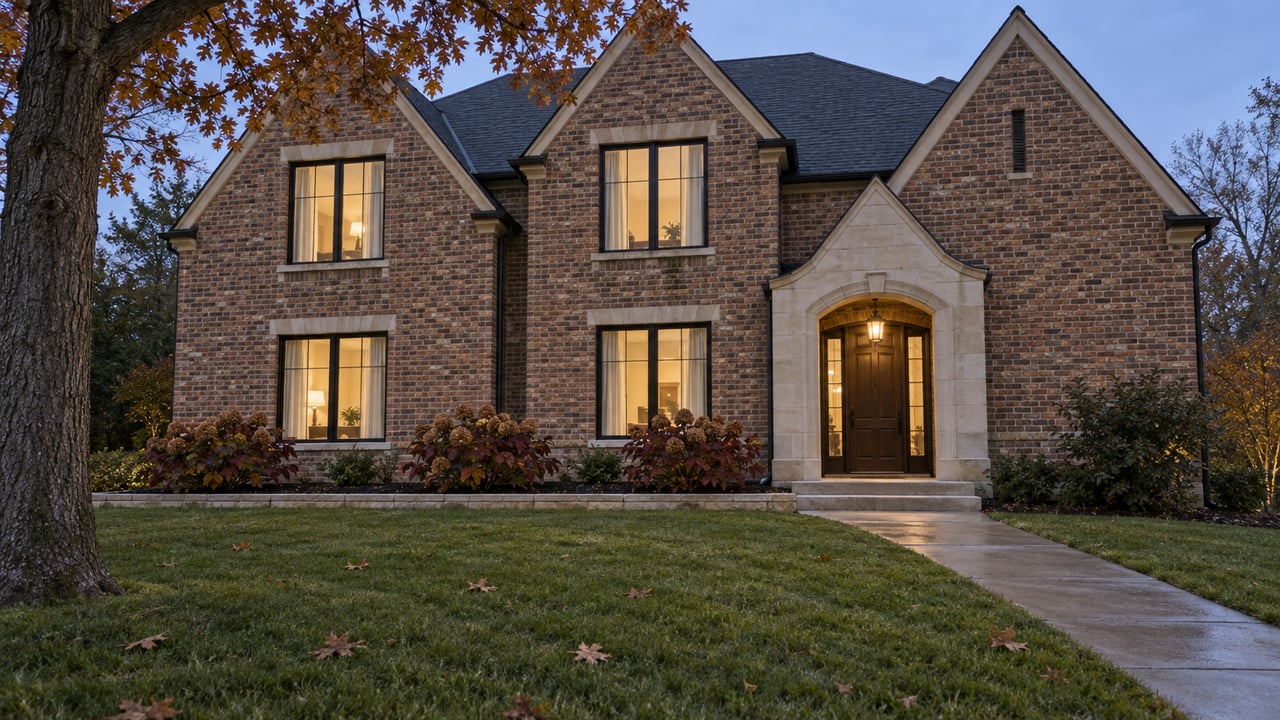 A substantial brick home with gabled roofs and a limestone arched entry beyond a deep autumn lawn at dusk.