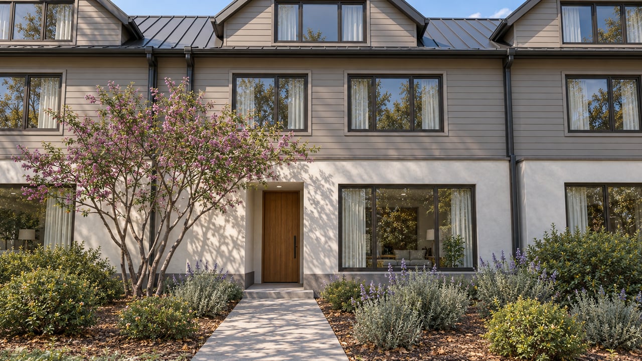 Three-story residence with light lap siding, white stucco, dark windows and a landscaped concrete entry walk.