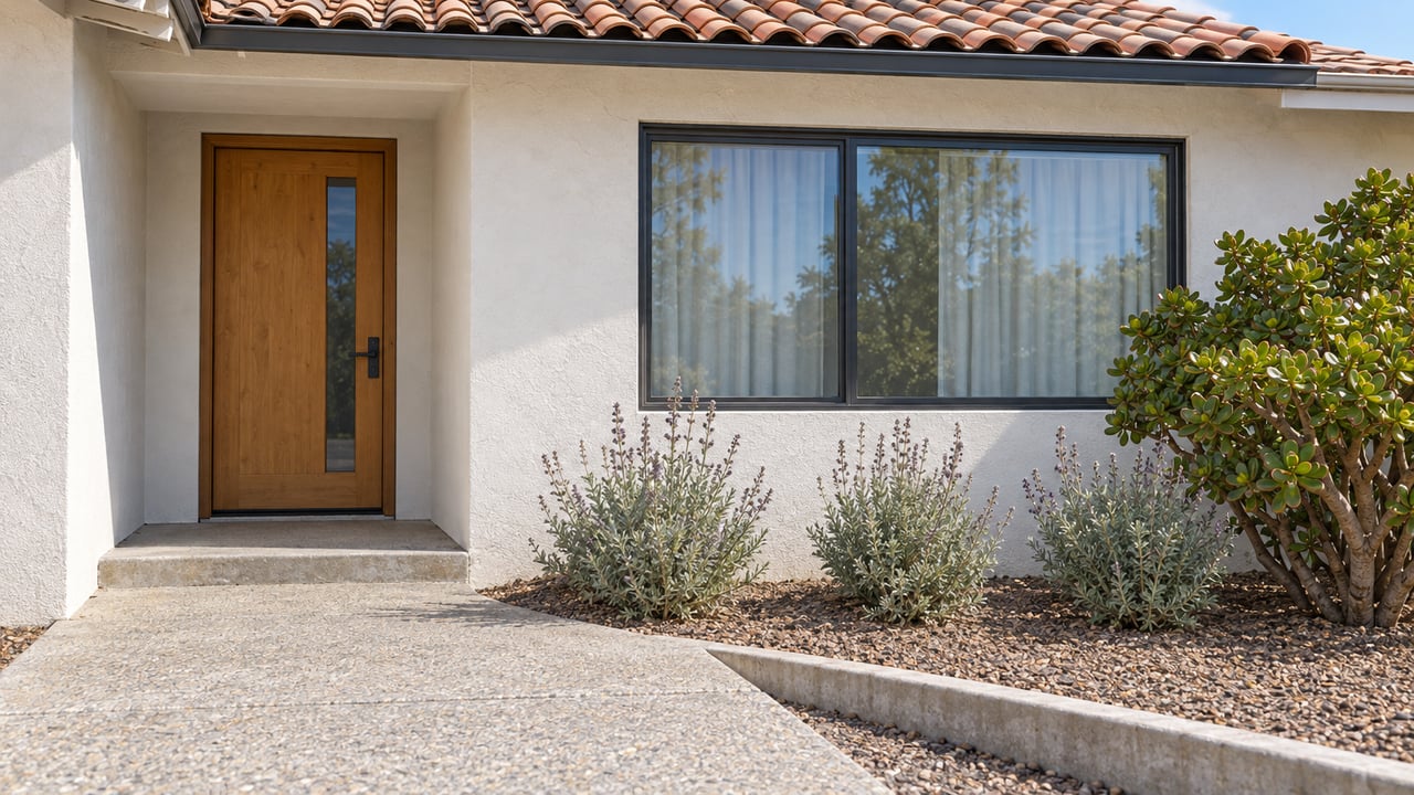 Sunlit off-white stucco home with a wood entry door, charcoal-framed window, tiled roof and drought-tolerant planting beside a concrete approach.