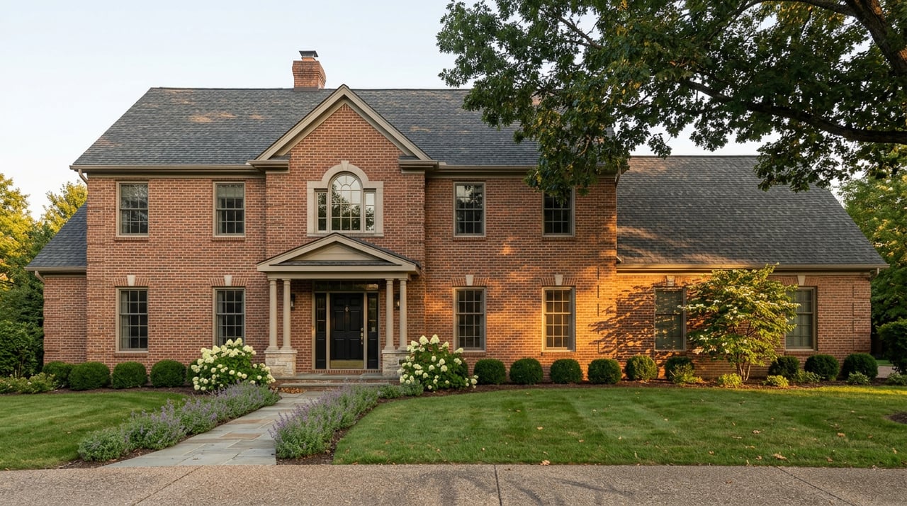 Two-story brick house with a portico, curved flagstone walkway, white flowering hydrangeas, and a broad oak canopy.
