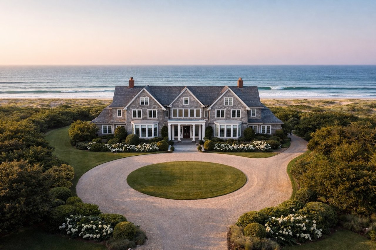 Luxury Hamptons coastal home with cedar shingles, hydrangeas, and warm natural light