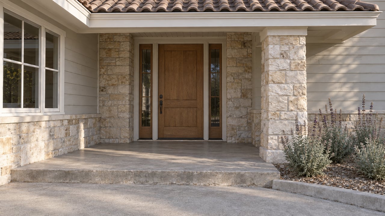 Close view of a covered home entrance with an oak door, pale siding, stone column and silver-green flowering shrubs.