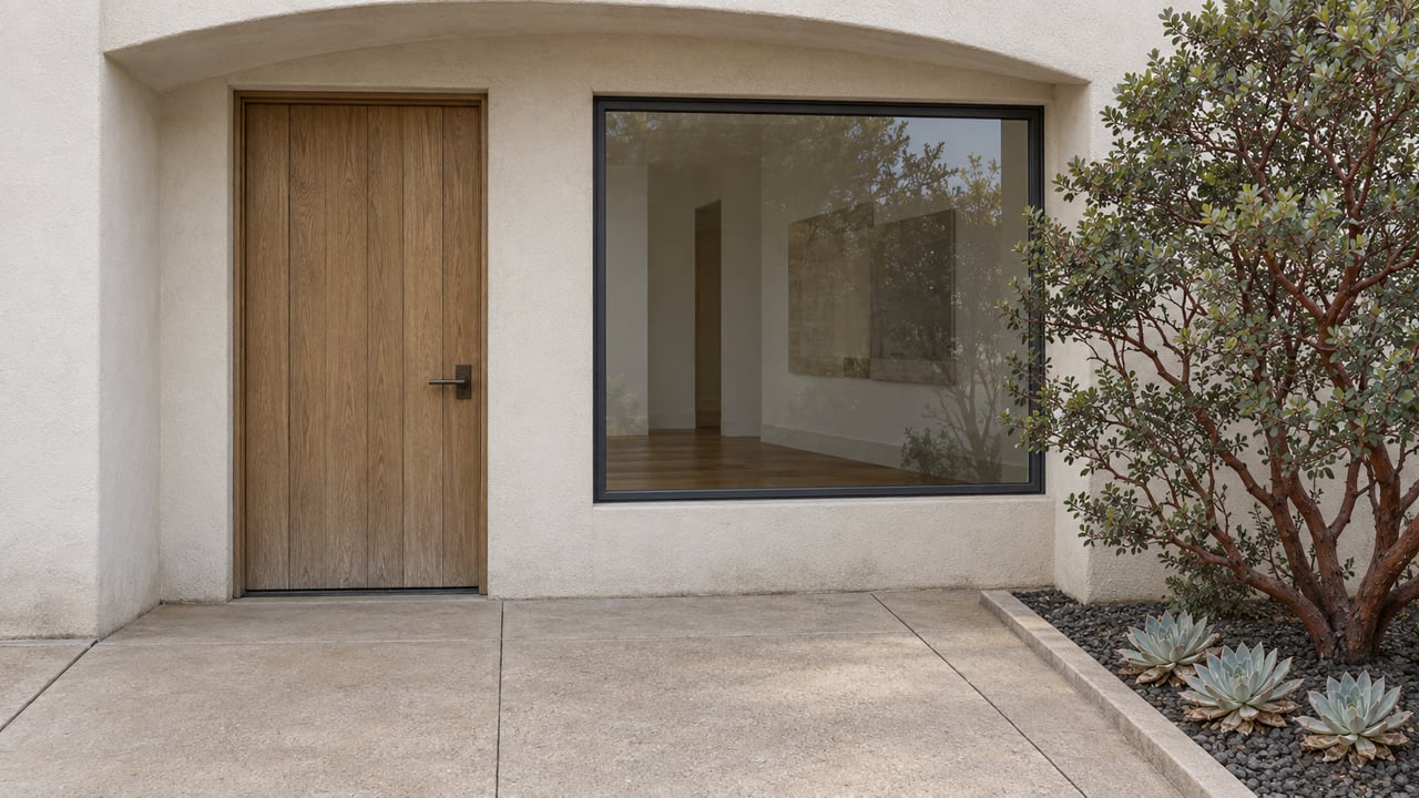 Pale stucco home entry with an oak door, charcoal-framed window and weathered concrete terrace beside manzanita and chalky succulent rosettes.