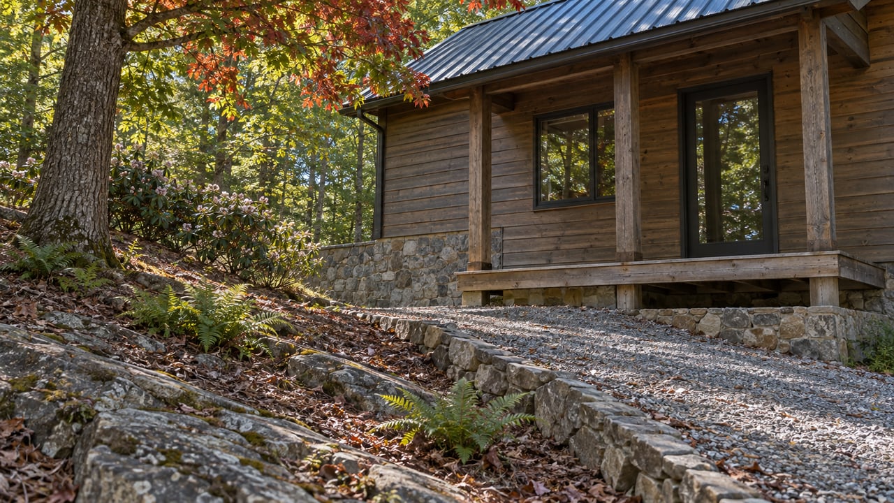 Woodland cabin with a stone foundation and gravel approach on a sloping, oak-shaded hillside.