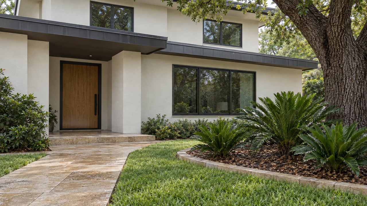 A warm-white stucco home with dark-framed windows, a sheltered oak entry door and a limestone approach beside a mature live oak and coontie planting.