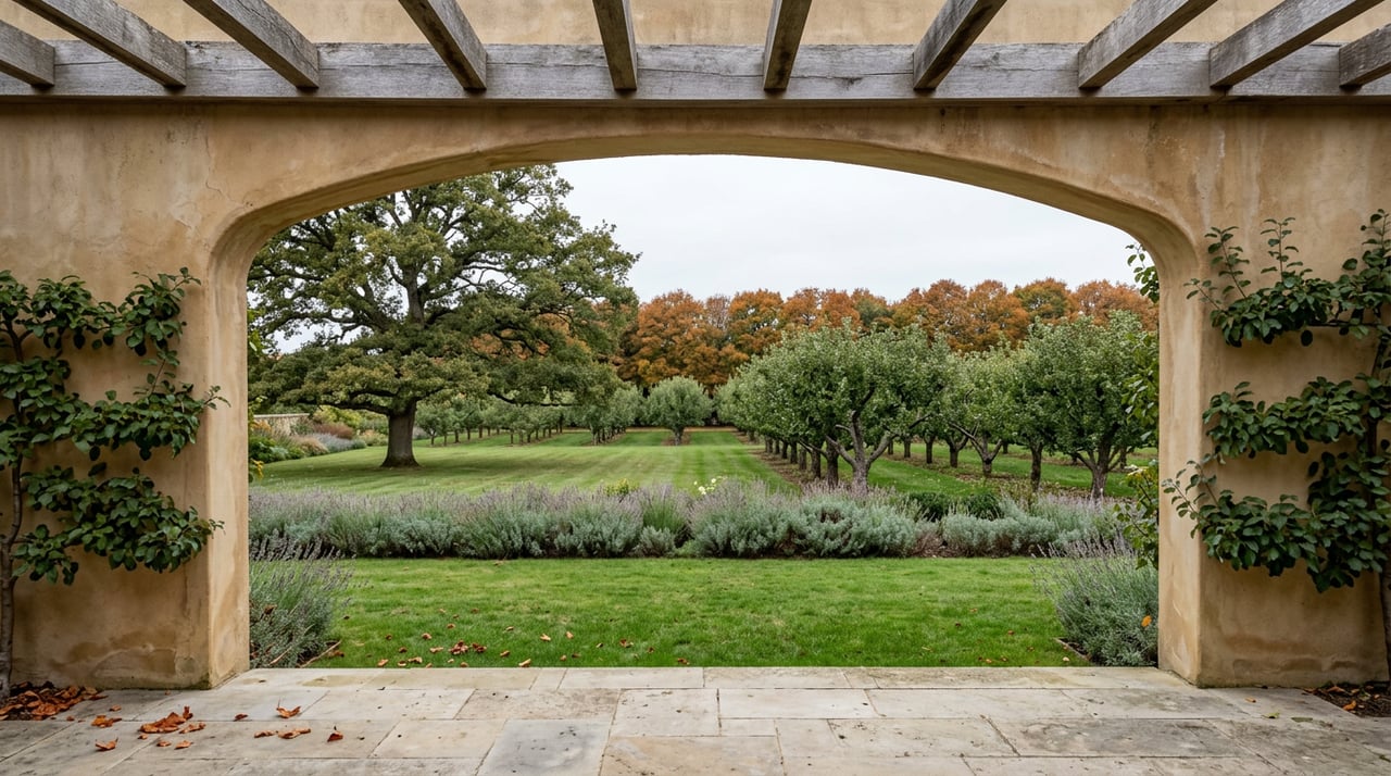 Stone loggia archway frames a lawn, perennial bed, rows of apple trees, and distant windbreak.