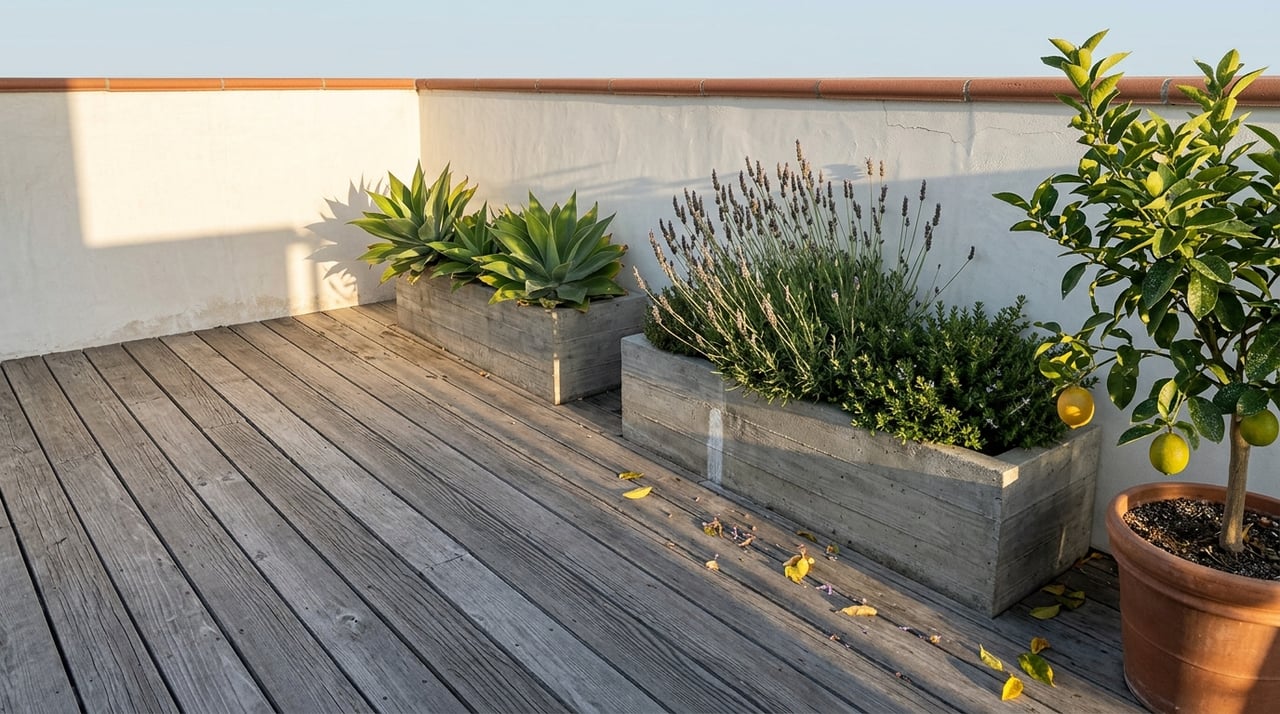 Rooftop terrace with agave, wind-bent lavender, and a potted lemon tree against a sunlit stucco parapet.