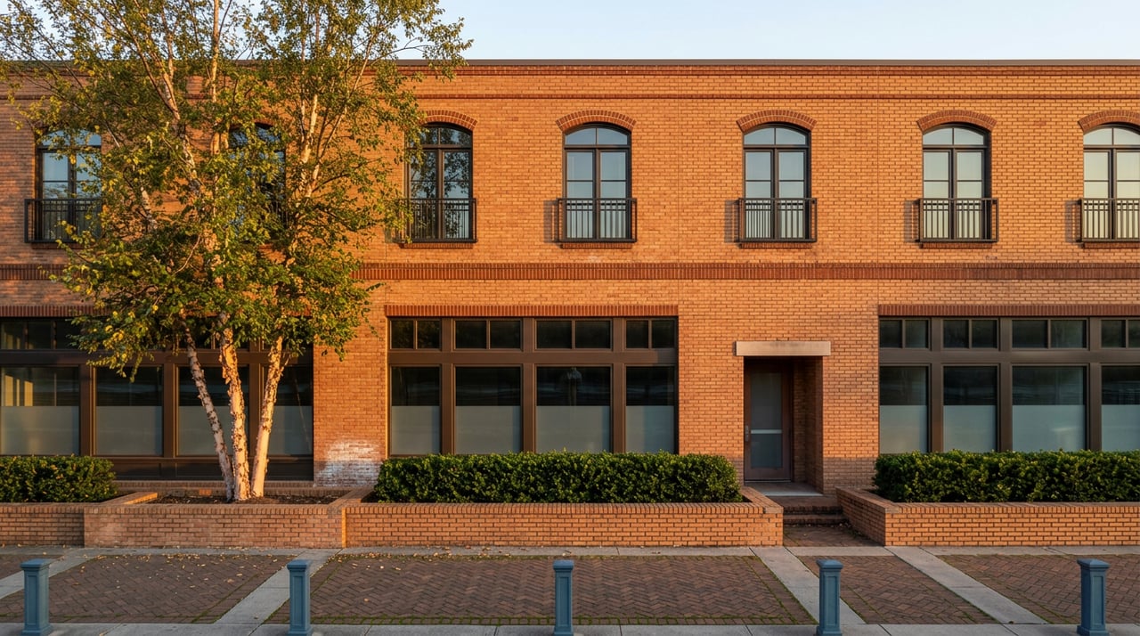 Ochre-red brick mixed-use building with arched windows, a riverside promenade, and a multi-trunk birch tree.